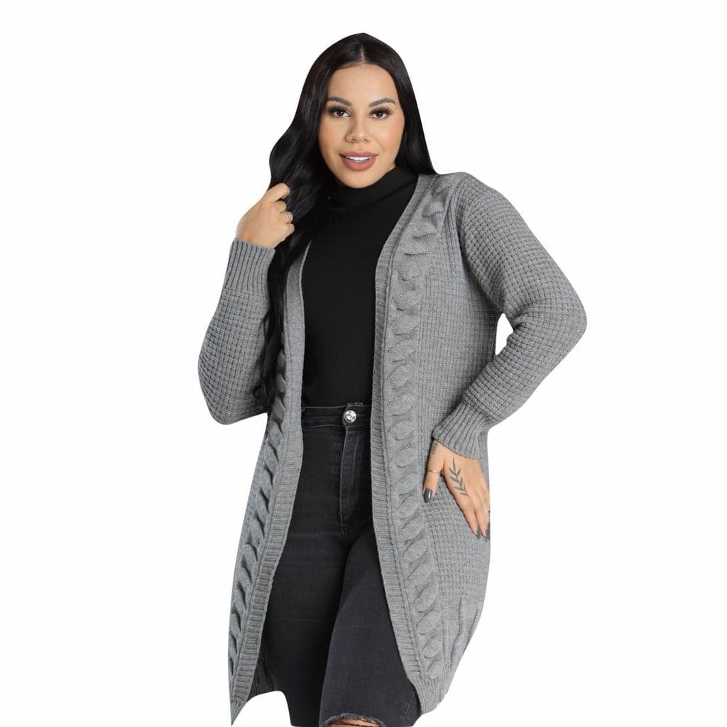 Blusa Casaco Cardigan Longo Tricô Manga Longa