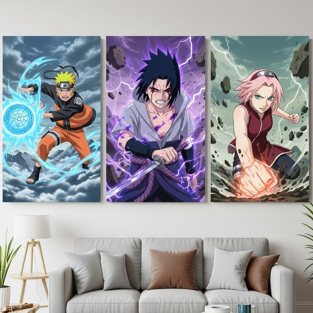 quadro anime Time 7  Trio de Quadros Irados com Naruto, Sasuke e Sakura em Ação Total!”