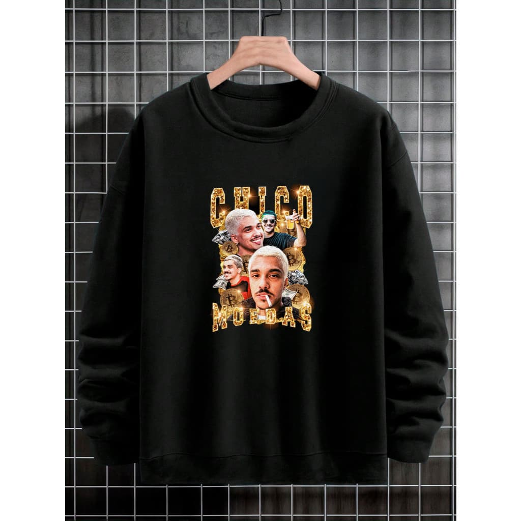 Moletom Gola Redonda Unissex Chico Moedas Blusa De Frio Gola Careca Casaco Feminino e Masculino Flanelado