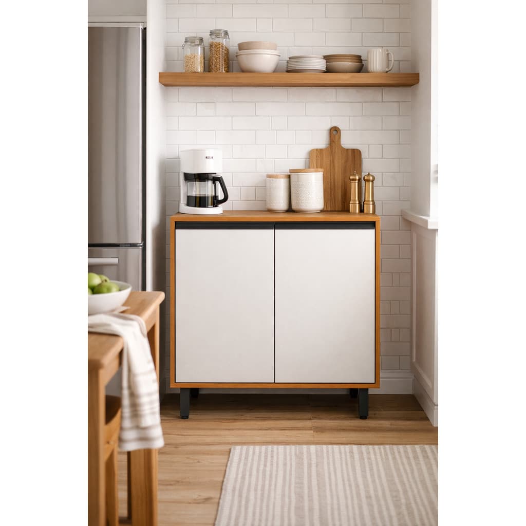 Armário Cozinha Moderno Ravena com Tampo 80cm Largura com Prateleira Interna -Offwhite/Freijo