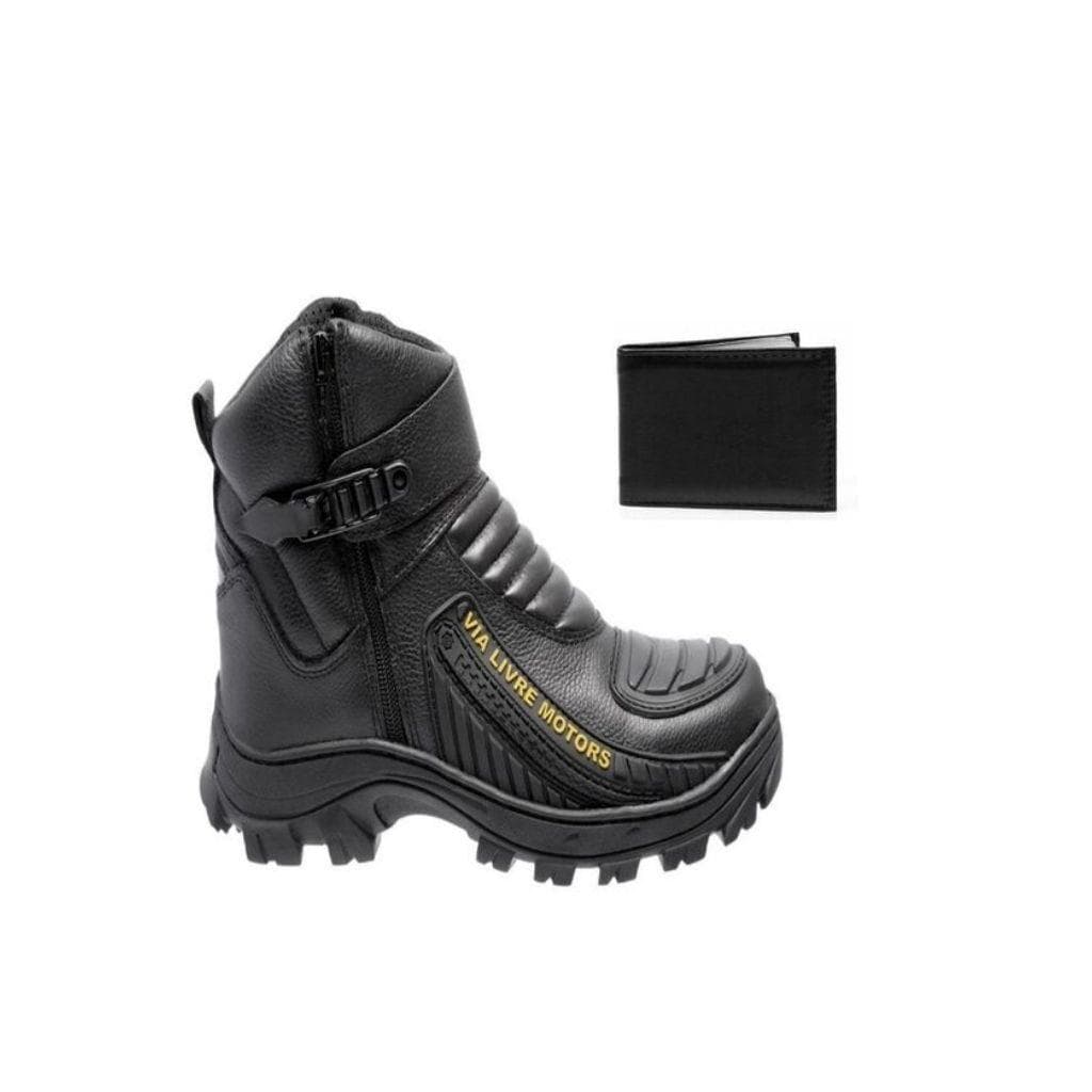 Bota Coturno Motoqueiro Motociclista Em Couro Palmilha Gel Solado Borracha Resistente + Carteira