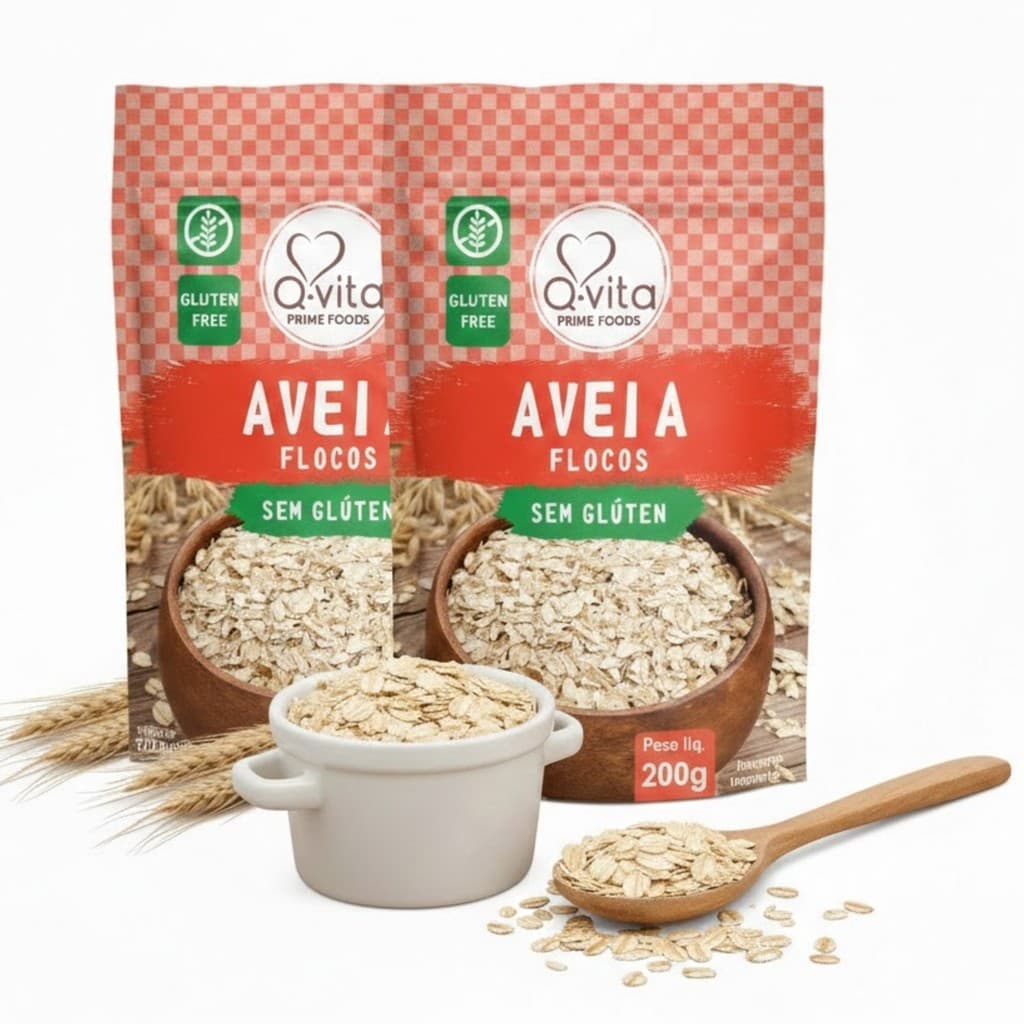Kit 2 Aveia em Flocos Sem Glúten Q-VITA 200g - Rica em Fibras