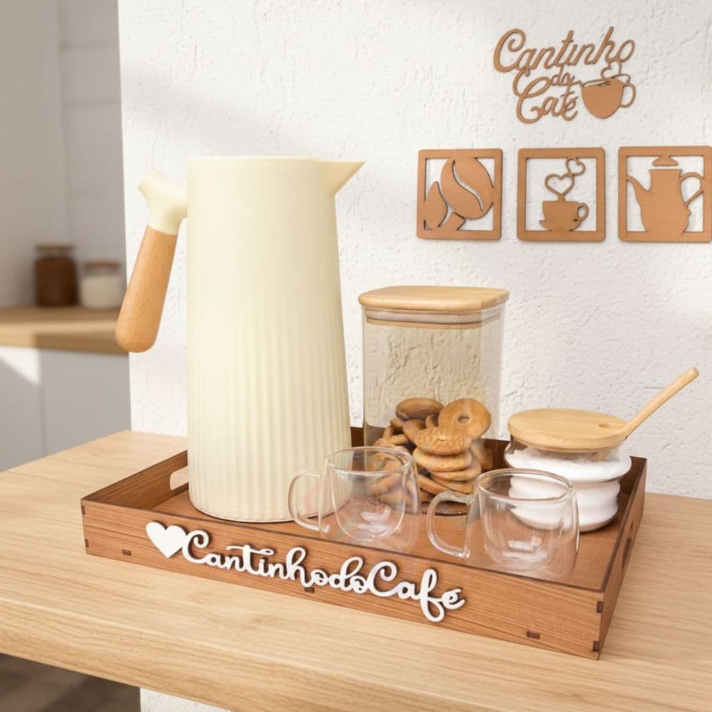 Kit Bandeja Cantinho Do Café Em MDF Com Apliques De Parede Para Organização Funcional Da Cozinha
