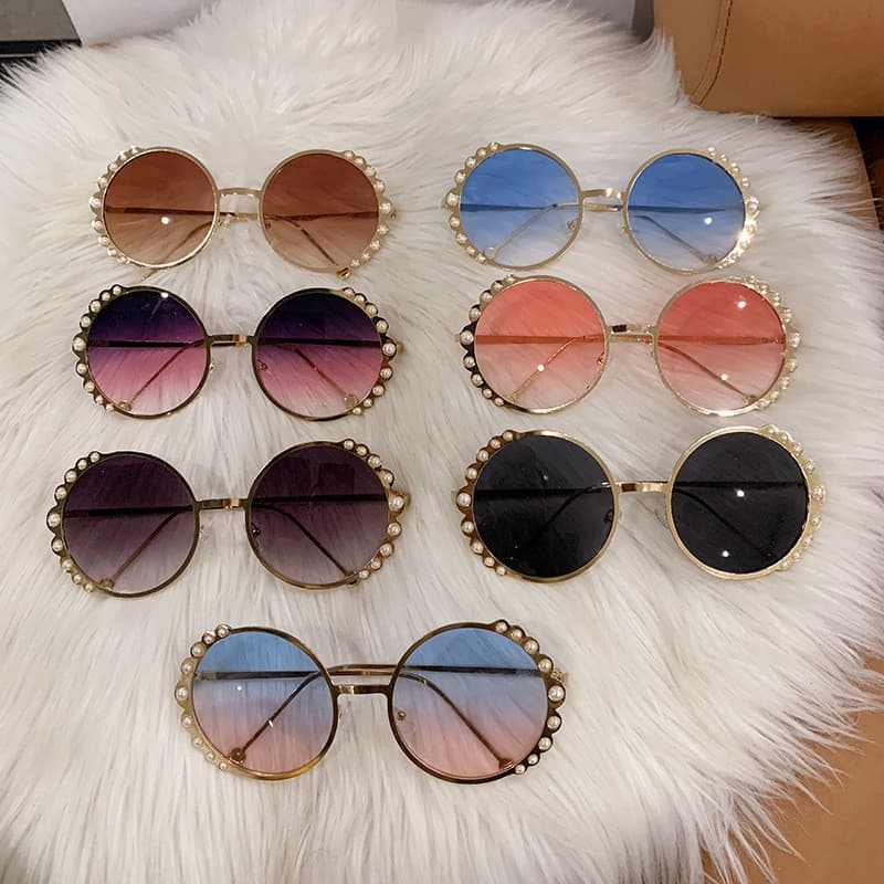 Óculos de Sol com Armação Redonda e Pérolas, Armação de Metal, Óculos de Sol com Imitação de Pérolas e Lentes Gradientes