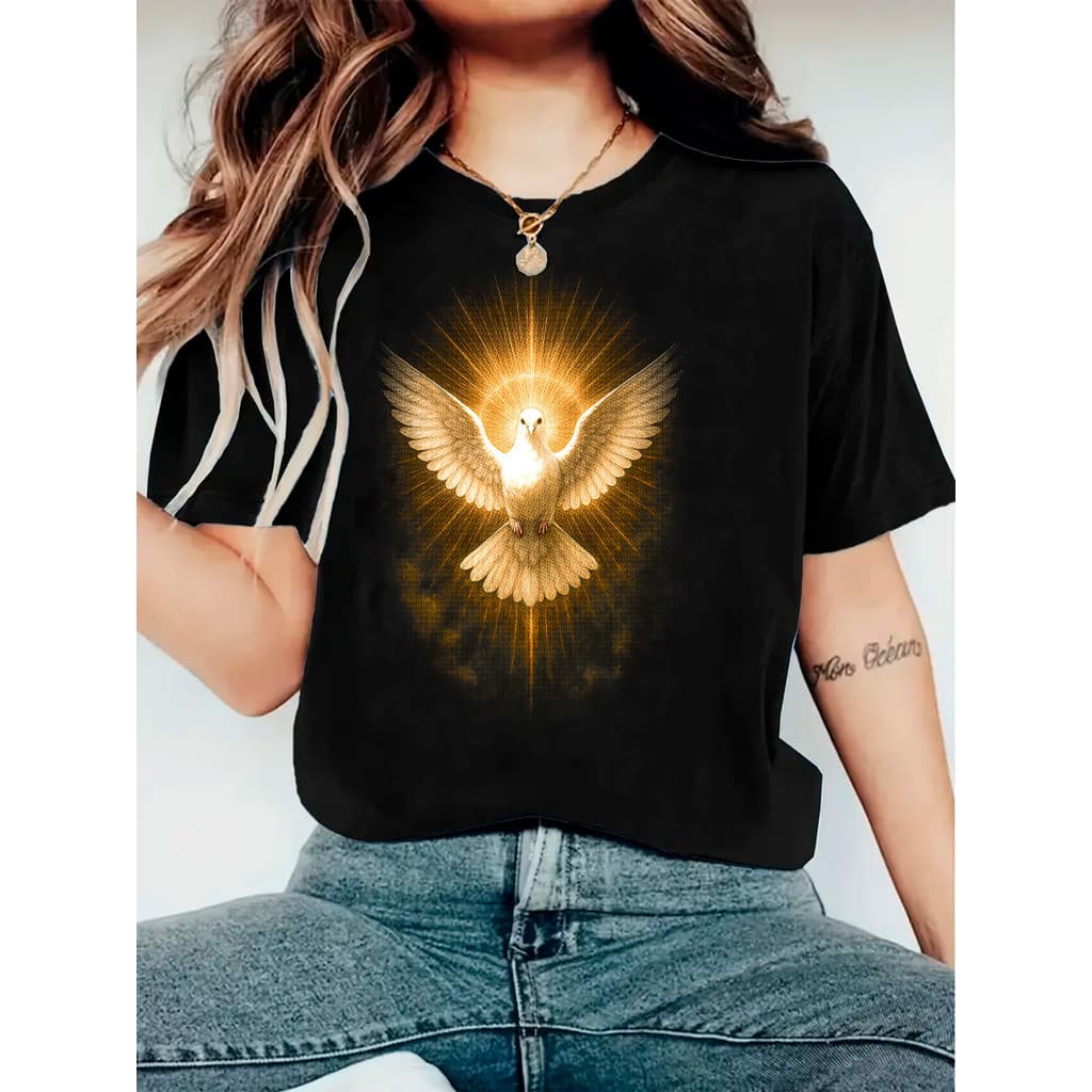 Camiseta Feminina Espírito Santo Pomba Divina Estampa Católica 100% Algodão Preta Blusinha Femenina