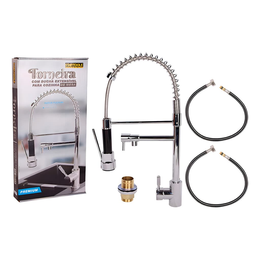 Torneira De Mesa Com Ducha Extensível Para Cozinha 51,5cm Aço Inoxidável Brilhante