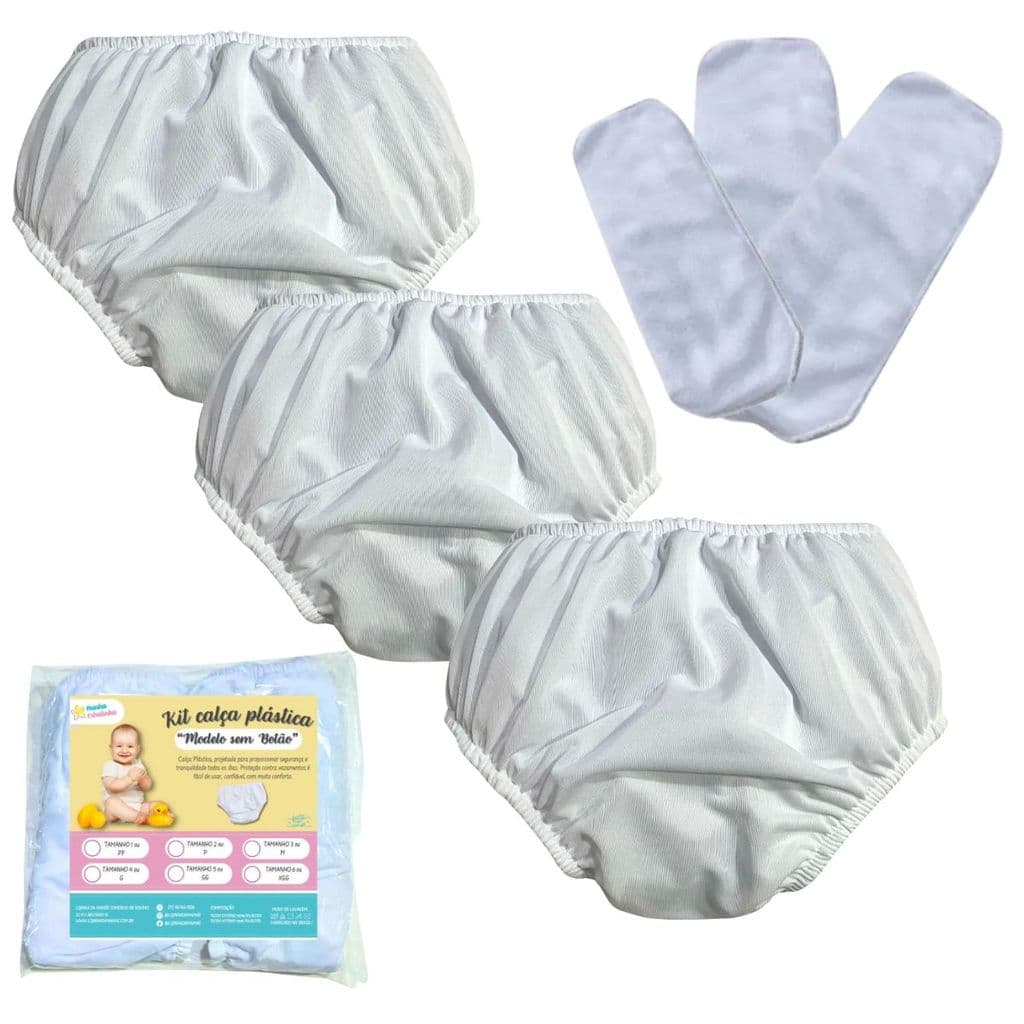 Kit 3 Calças plástica S/botão C/ absorvente Bebê Fralda Xixi