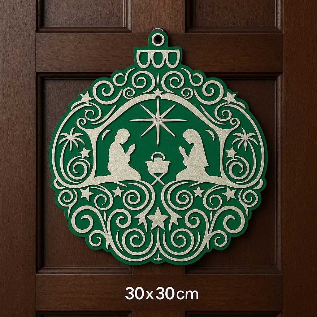 Guirlanda Sagrada Família MDF Verde Decorativa Natalina Para Porta Parede Festa Enfeite Religioso Elegante Natal