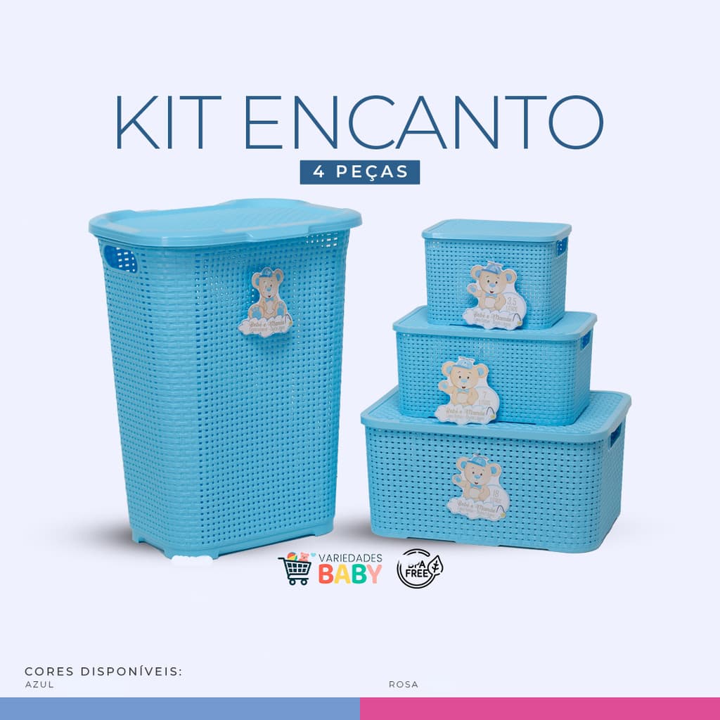 Kit Encanto 4 Peças Cesto de Roupas 30L + Caixas Organizadoras 3,5L 7L 18L Bebe Criança Envio Rapido