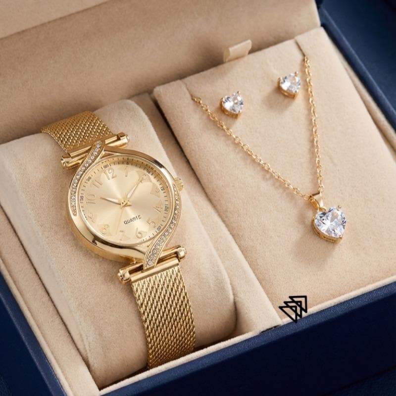 Kit Relógio Feminino Luxo Rosé + Colar e Brincos | Presente Ideal Aniversário e Dia das Mães