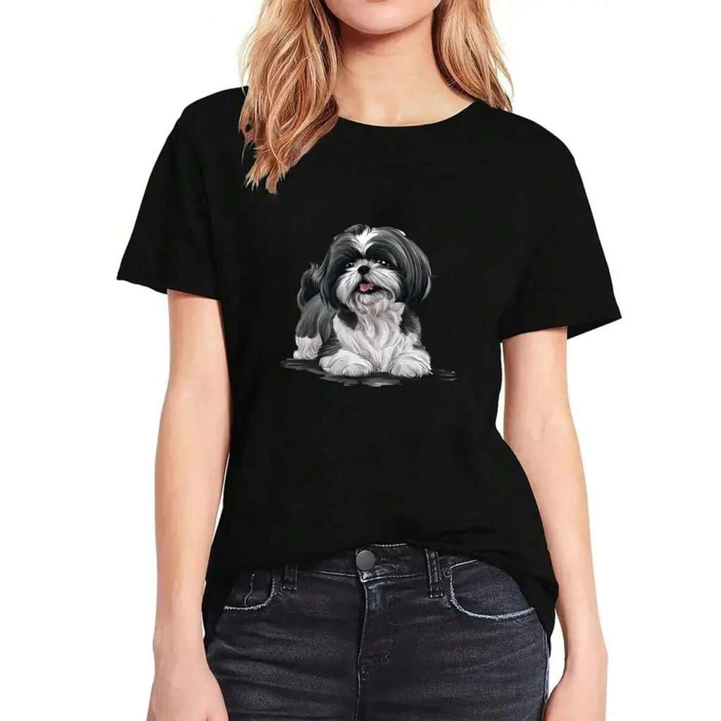 Camiseta Feminina Cachorro Shitzu 100% Algodão T-Shirt Estilo Tendencia Estampada