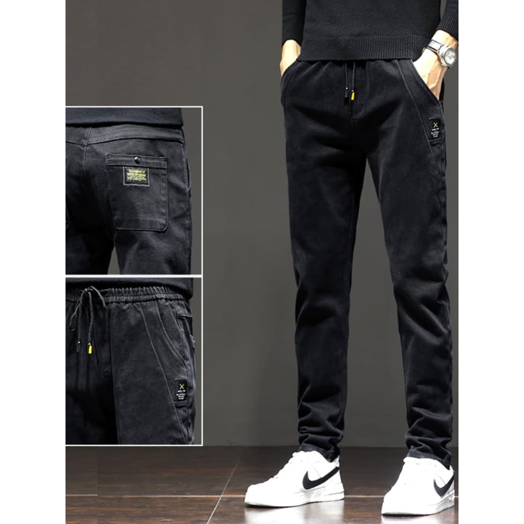 Calças de brim masculinas primavera outono estilo cintura elástica elástica 2024 novo estilo solto em linha reta Casual