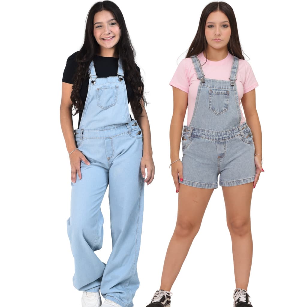 Kit 2 Jardineiras Jeans Juvenil Menina Calça e Short Tam 10 ao 16
