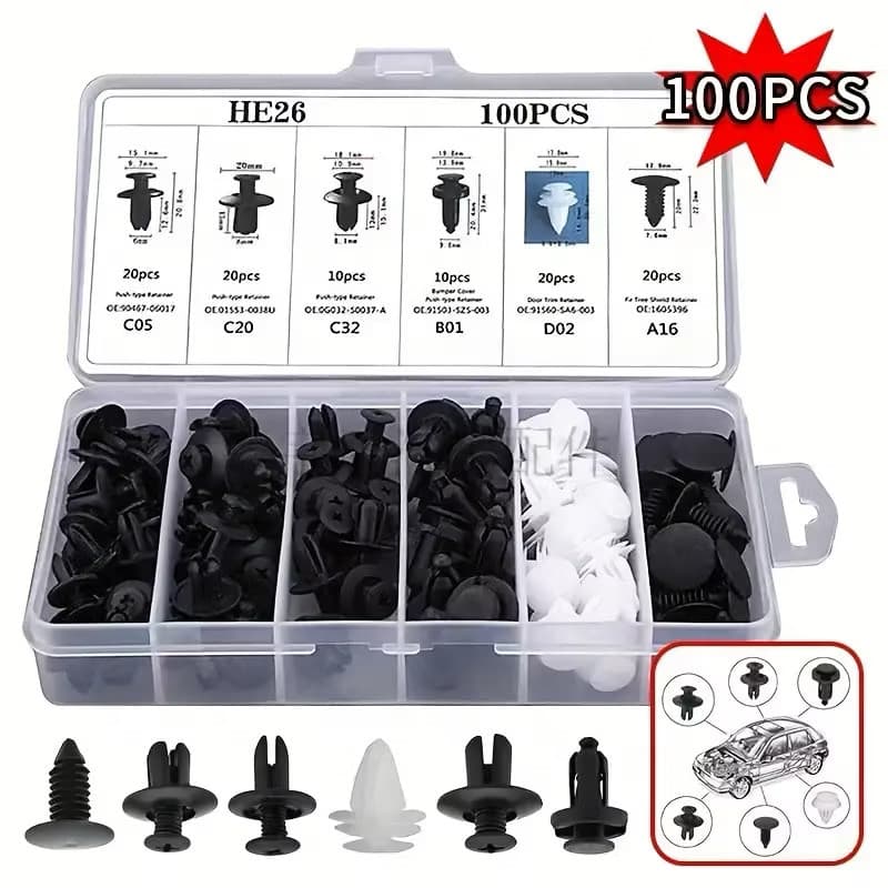 Kit 100 Presilhas de Fixação Automotivas, Nylon Resistente, para Reparo e Manutenção de Veículos