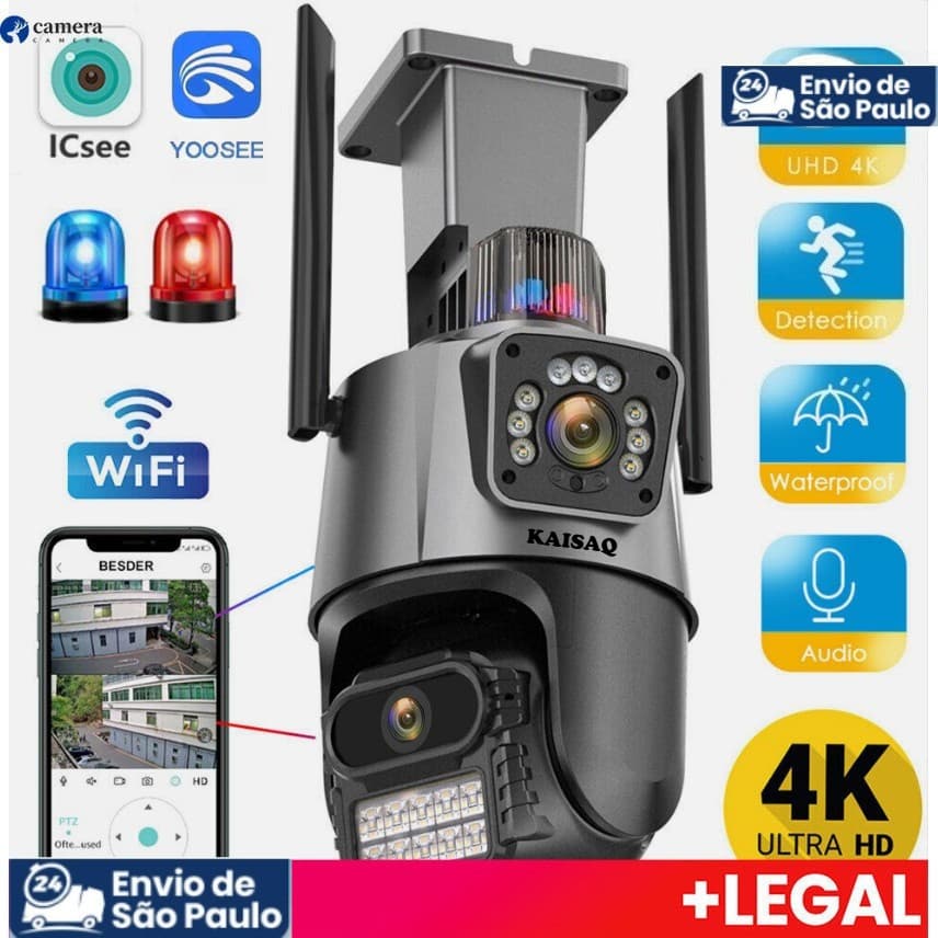 Camera Segurança Externa Lente Dupla 4k 6mp Sirene Policial, com sirene policia