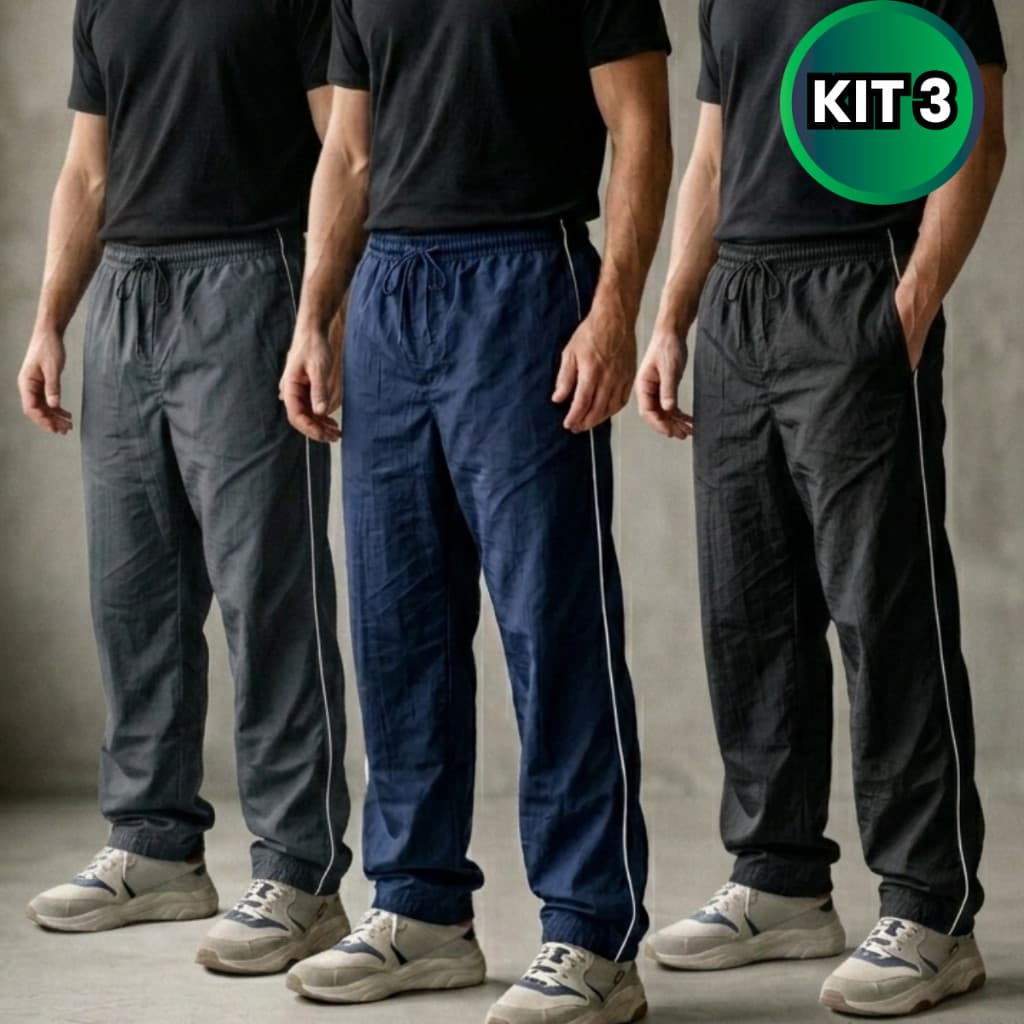 Kit 3 Calças Masculina Esporte Tactel Lisa Caminhada Academia Frio Com Bolsos