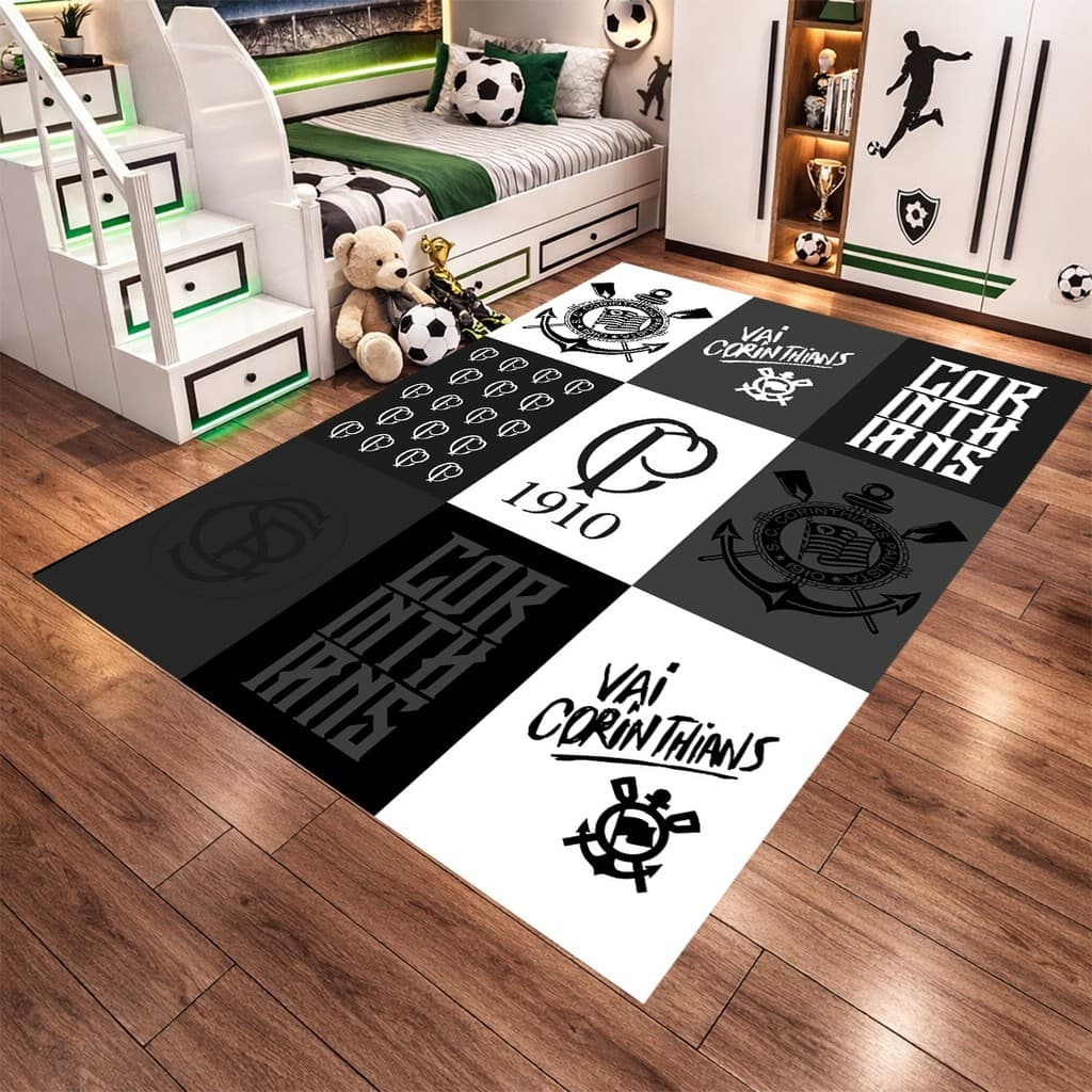 Tapete Quarto Infantil Menino Futebol Estilo Timao Antiderrapante Grande Retangular