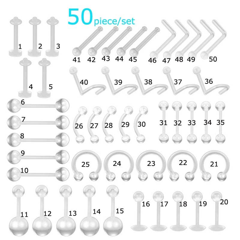 50 Peças Anel De Nariz Bioplast Flexível Com Tarraxa Para Sobrancelha / Anel De Umbigo / Helix / Daith / Rook / Corpo