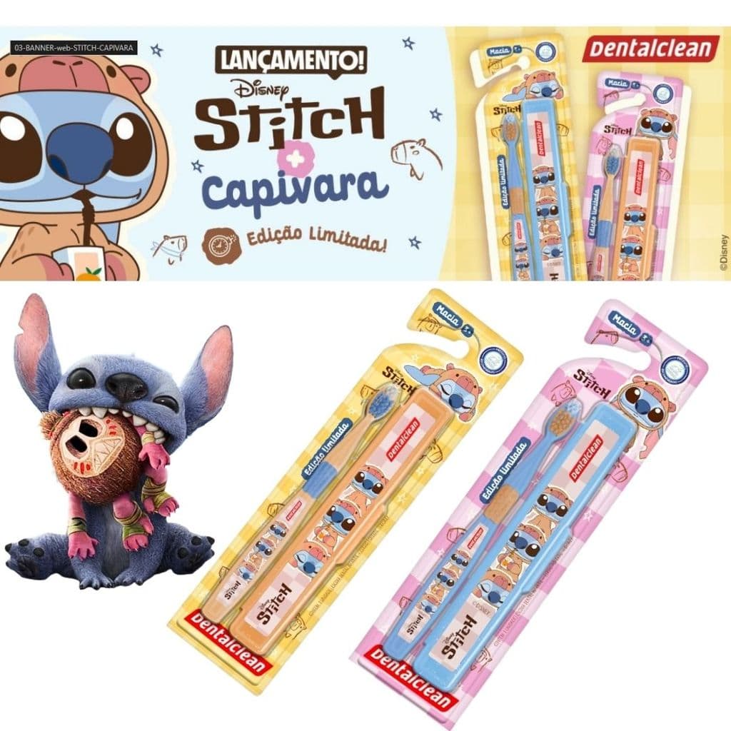 Escova de Dente Infantil Stitch Capivara com Estojo Azul e Caramelo Dentalclean Macia Escolar Viagem