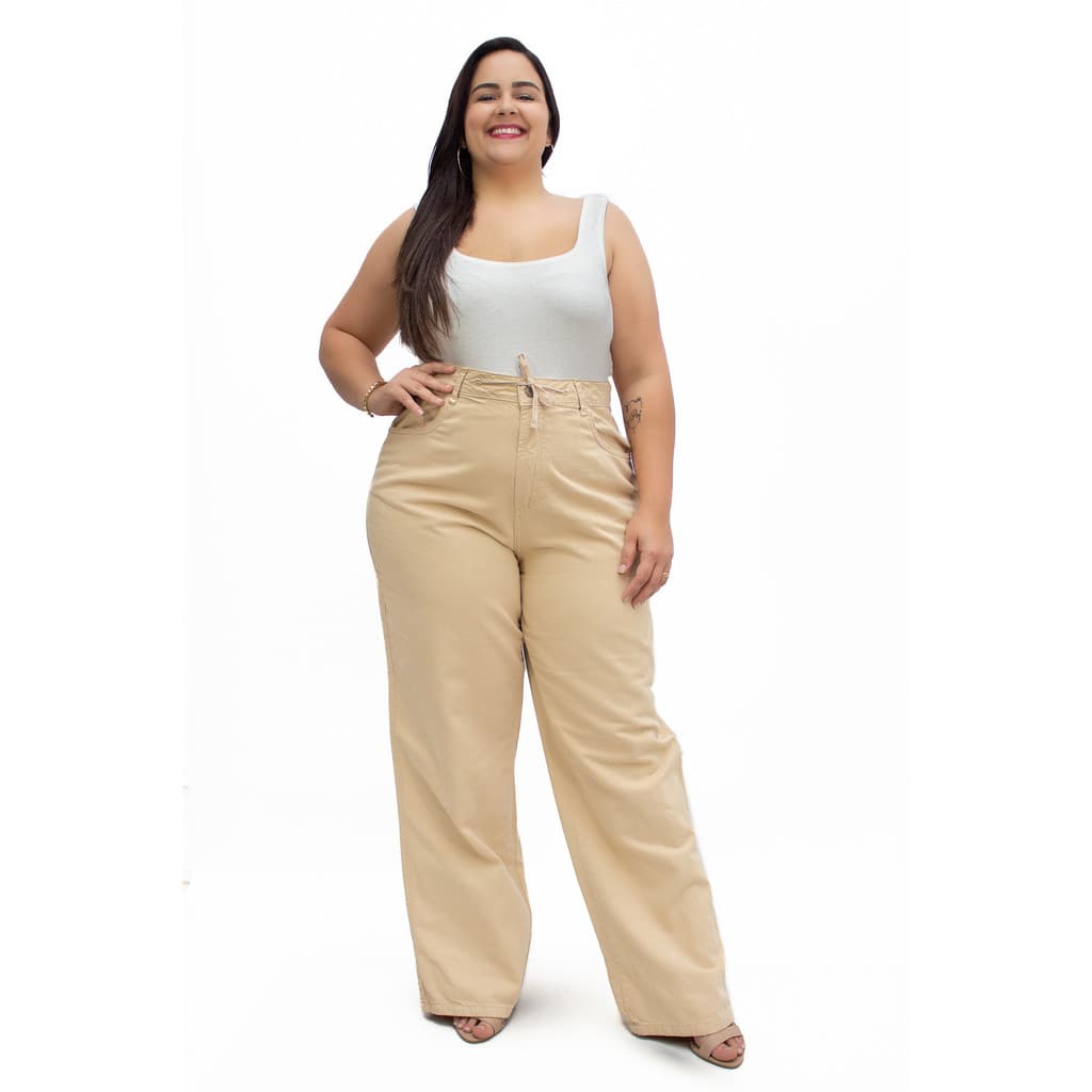 Calça Feminina Plus Wide Leg Cordão no Cós - CAMBOS JEANS
