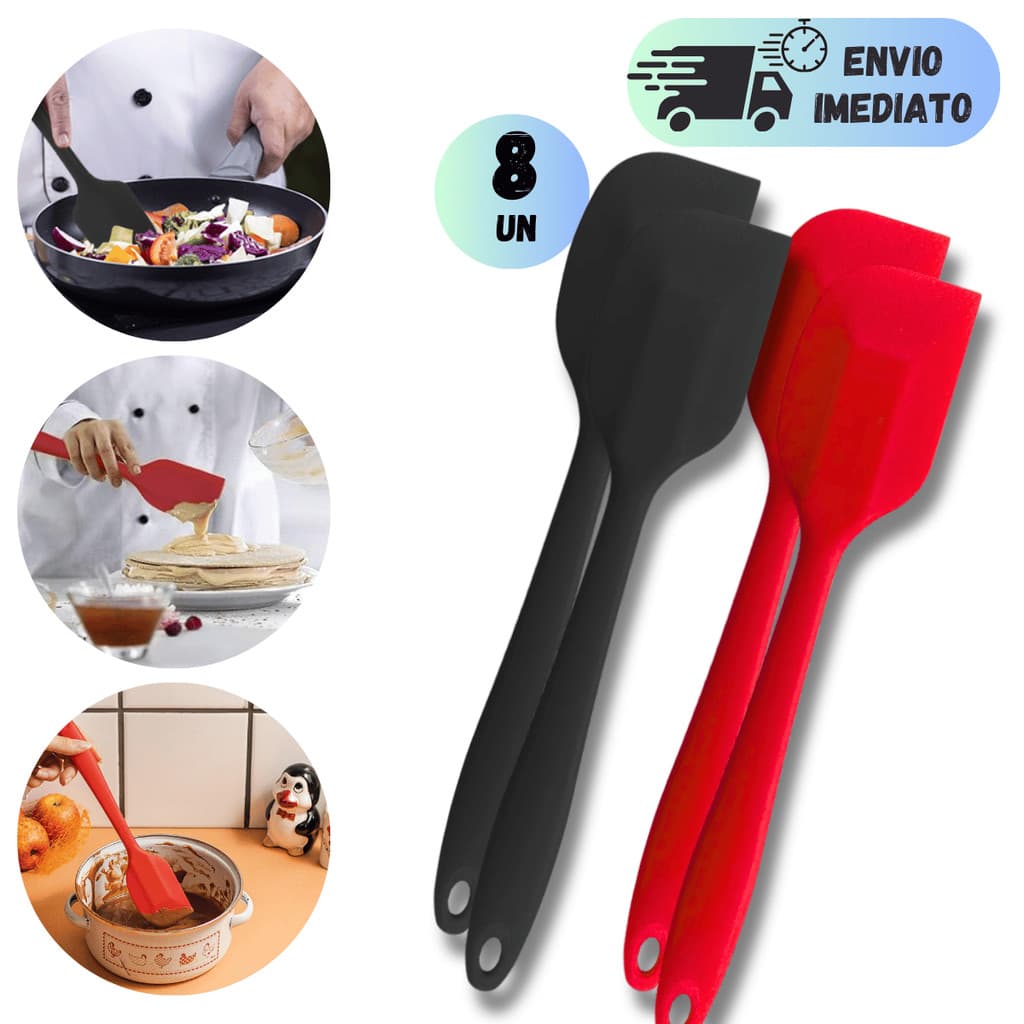 KIT 2 A 8 ESPATULA PROFISSIONAL DE SILICONE RASPADORA PÃO DURO 27CM MULTIUSO VERMELHA E PRETO