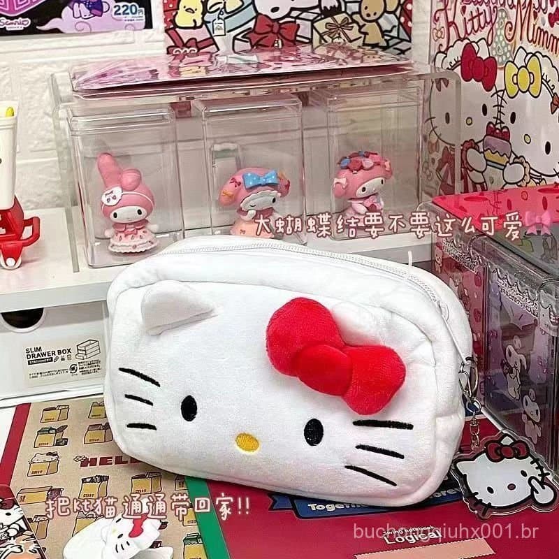 Novo bonito gatinho gato lápis caso saco de cosméticos saco de armazenamento de pelúcia olá kitty estudante papelaria gr