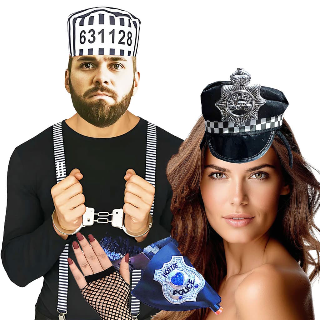 Kit Acessórios Fantasia para Casal Festa Carnaval: Presidiário + Policial Feminina