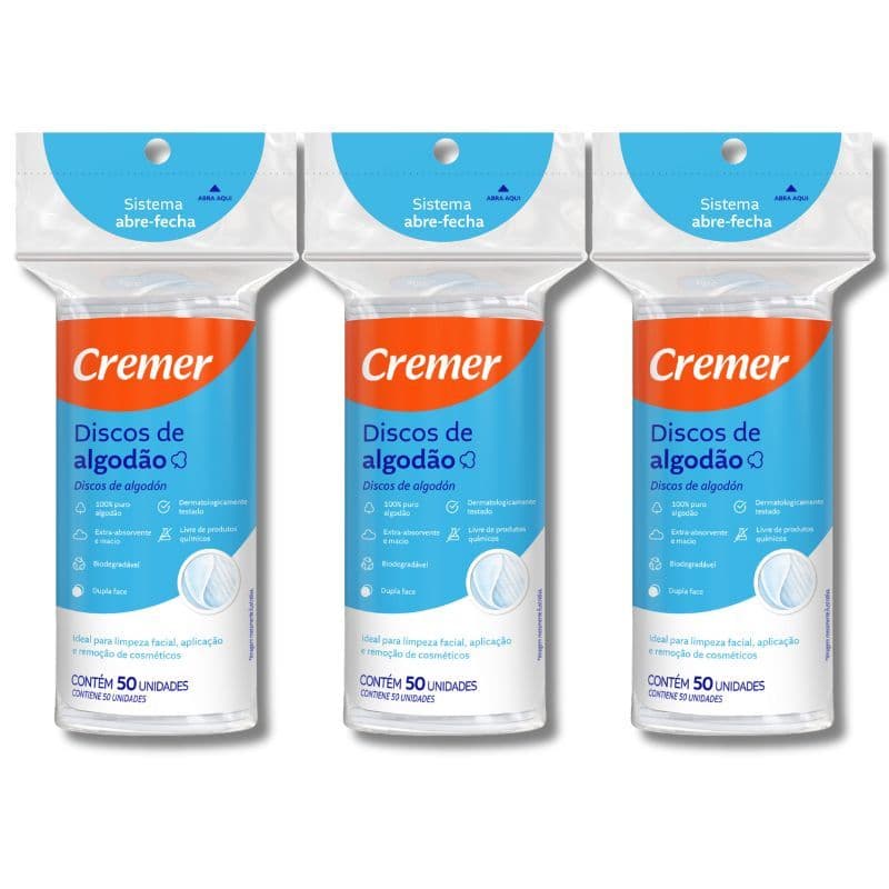 Kit 3 Algodão Cremer em Disco 150 Unidades Higienizador