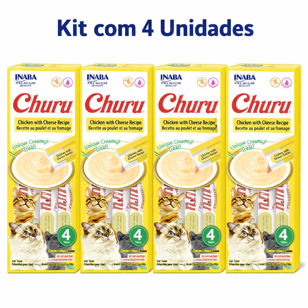 Kit 4 Petisco Churu Gatos 4 Tubos de 14g Sabor Frango Com Queijo