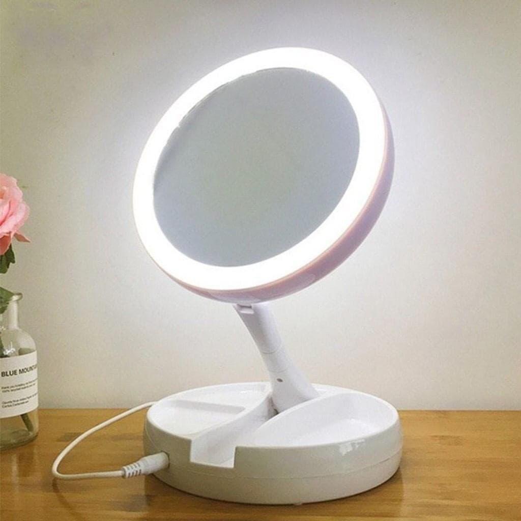 Espelho de Maquiagem 10x com Luz LED Dupla – Ajustável e Alimentado por USB