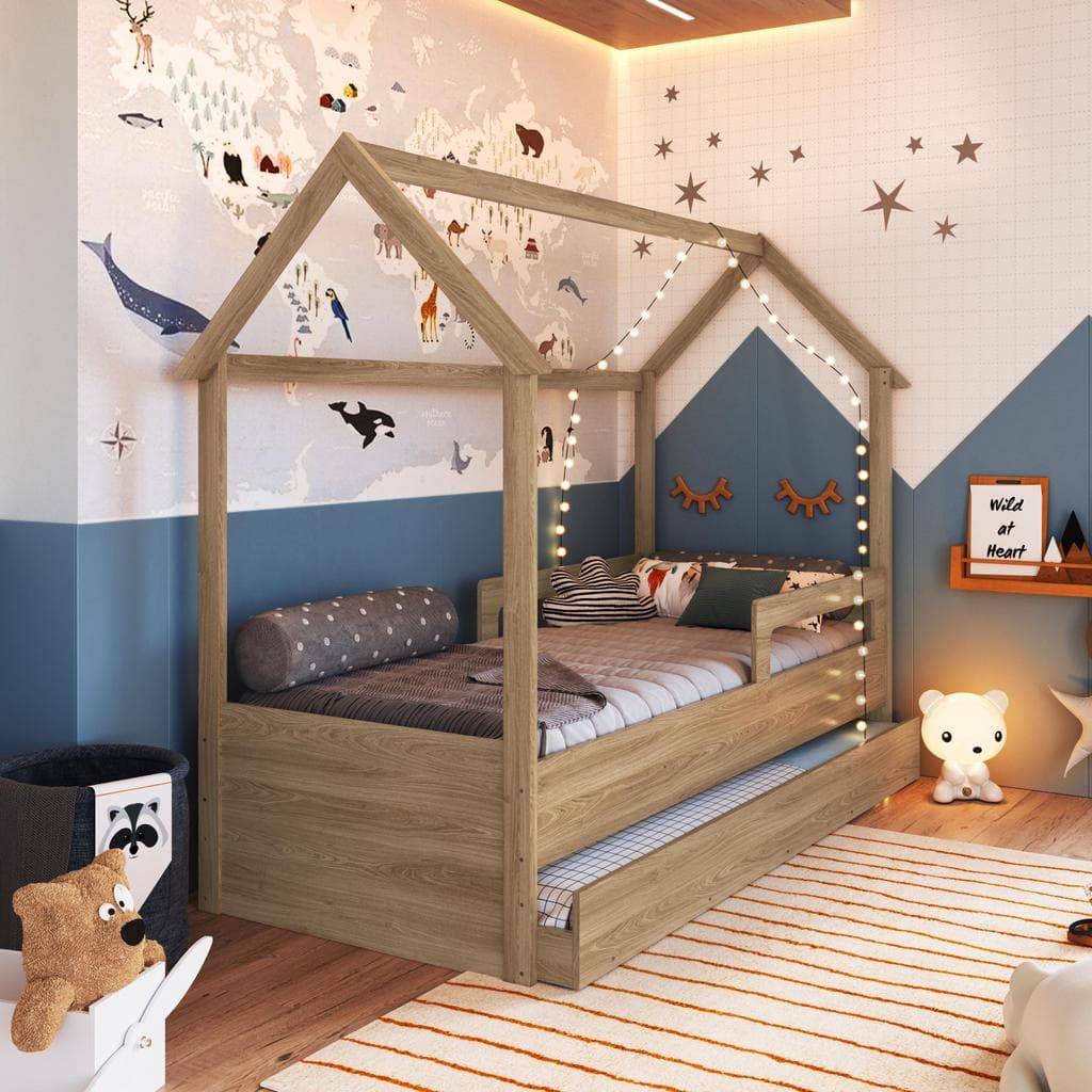 Cama Infantil Bicama Montessoriana Casinha 188x78cm com Proteção Lateral e Cama Auxiliar Aveiro Oak