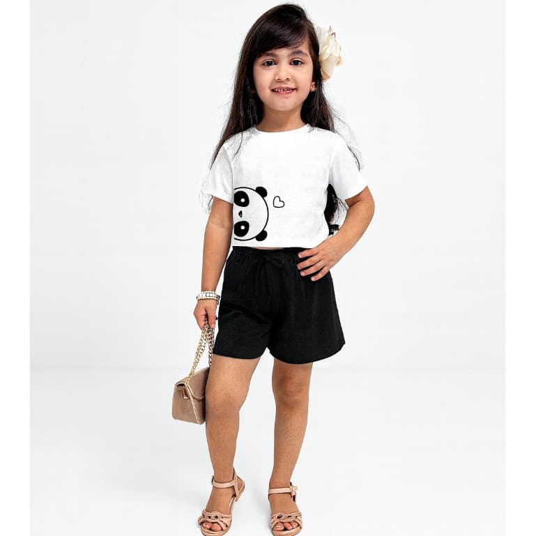 Conjunto Infantil Menina Cropped Verão Criança Estilosa Shorts Preto e Tshirt