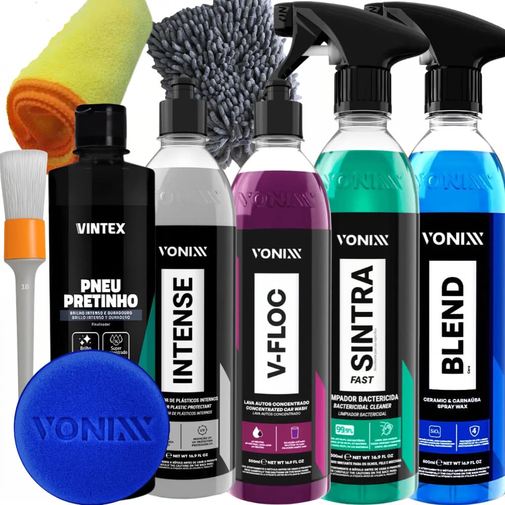 Kit Cera Blend Sintra V-floc Intense Pneu Pretinho Aplicador Pincel Flanela Luva Para Lavagem Vonixx