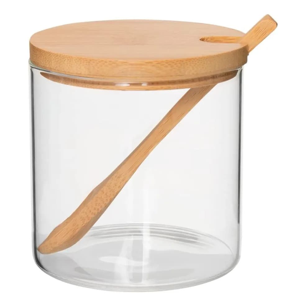 Pote Para Condimentos Tempero Vidro Com Tampa De Bambu Colher 300ml