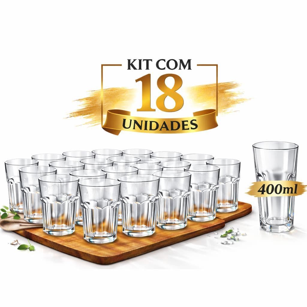 Kit 18 Copos de Vidro 400ml Transparente Suco Drinks Refrigerante