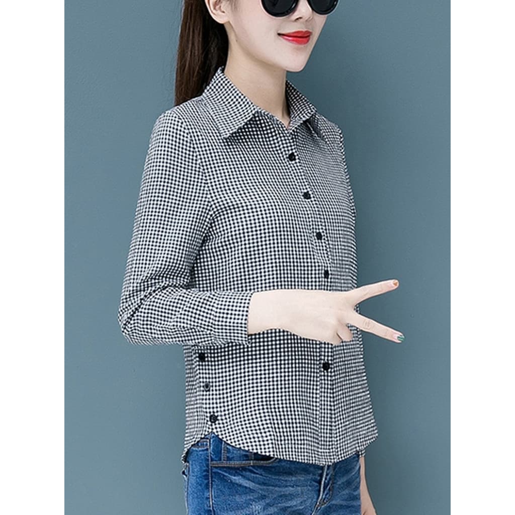 Moda xadrez camisa feminina profissional primavera Bottoming topo feminino de manga comprida All-Match versão coreana pr