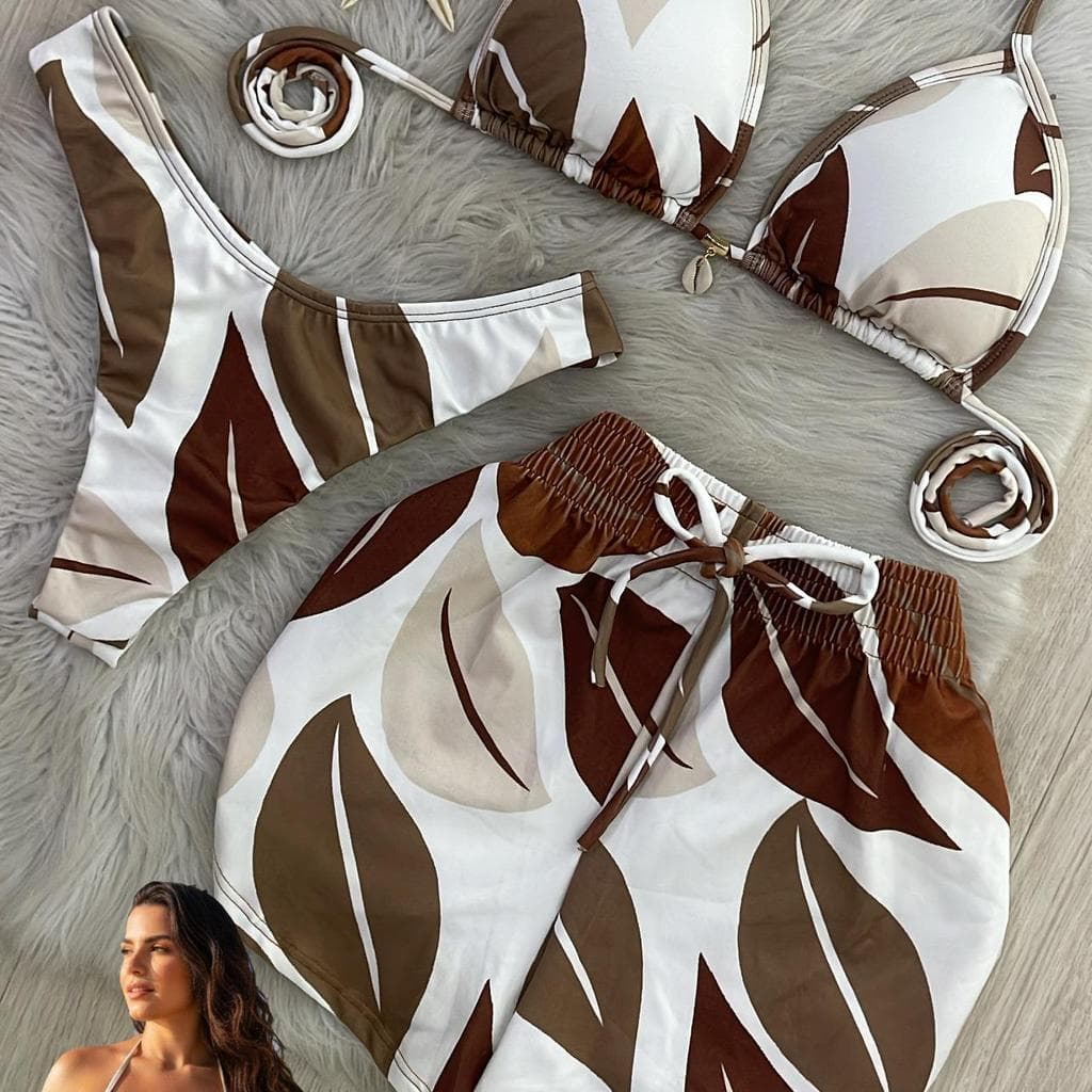 PLUS SIZE Conjunto Biquíni Cortininha + Shortinho Look Feminino Praia Verão Marrom