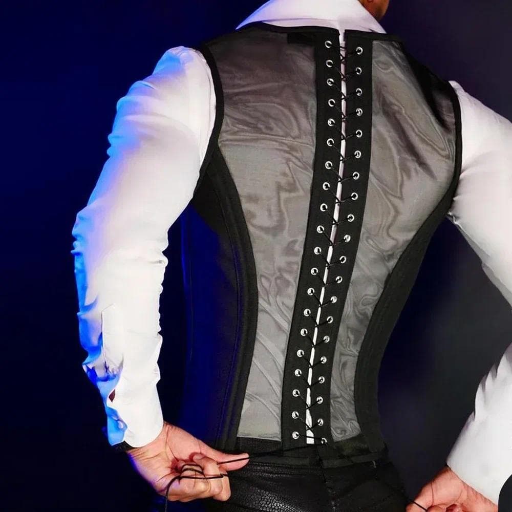 Colete Espartilho Masculino Wasit Trainer Preto Medieval Rendas Até Ossos Formal Topos Palco De Casamento /