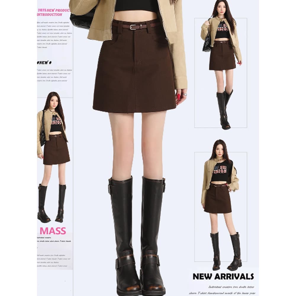 Melade café cor terno saia curta feminina 2026 novo estilo primavera High-End Super agradável saia linha a com botas