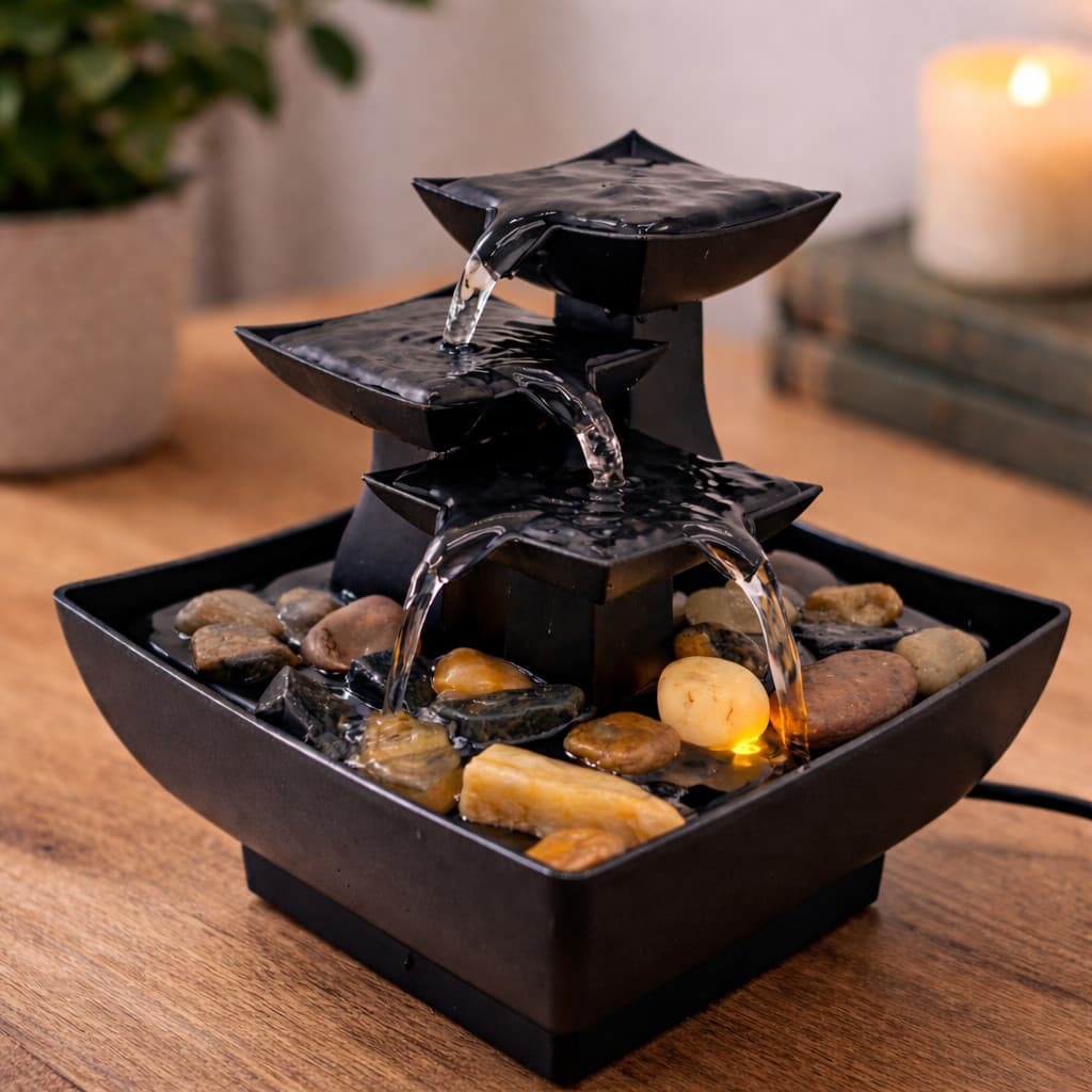 Mini Fonte Cascata em Resina – Decoração Relaxante para Sala ou Meditação