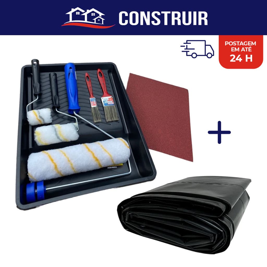 Kit Pintura Parede Bandeja + Rolo Lã + Lixa E Pincel Lona Completo Ideal para Profissionais