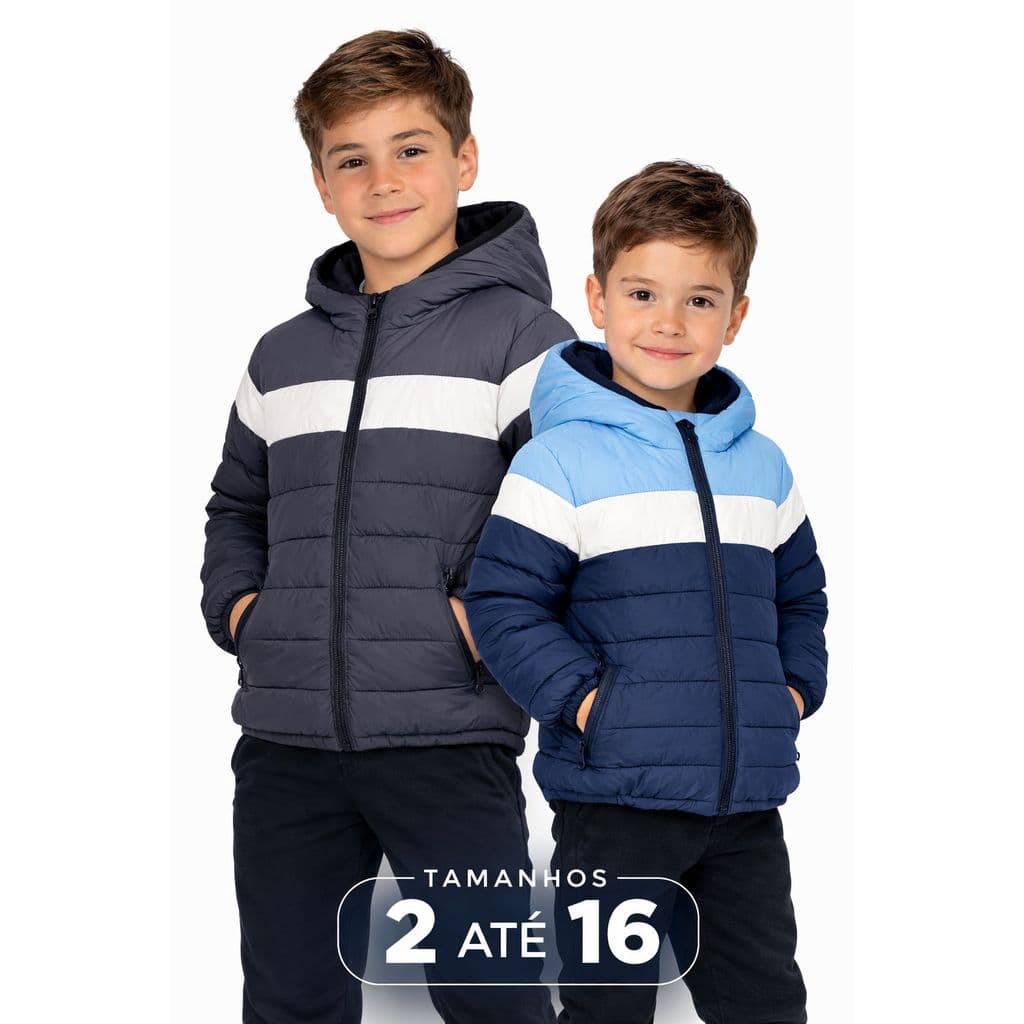 Jaqueta, Casaco Puffer Infantil Impermeável Premium com Capuz Bolso Menino Menina Com Ziper Colorida