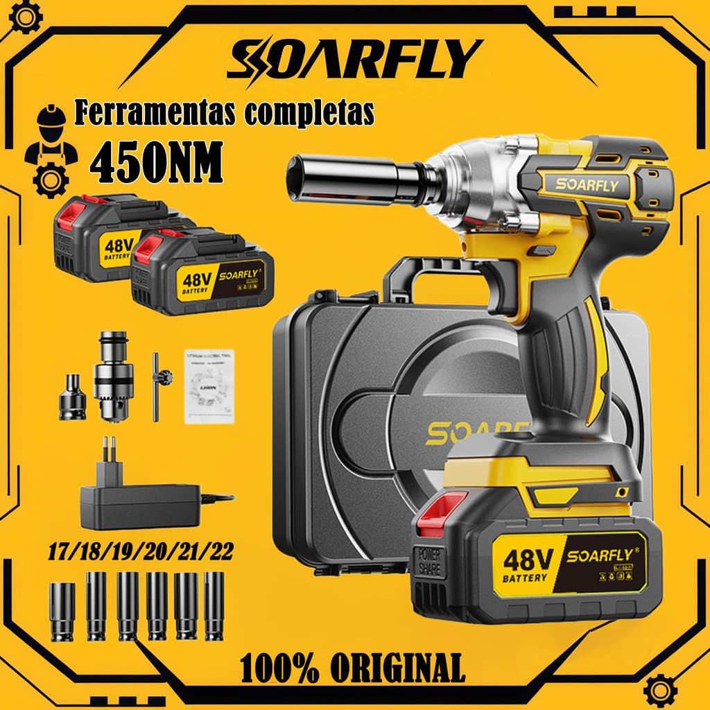 Chave de Impacto Eletrica 550NM Parafusadeira Furadeira Brushless 48V 2 Baterias kit ferramentas completo
