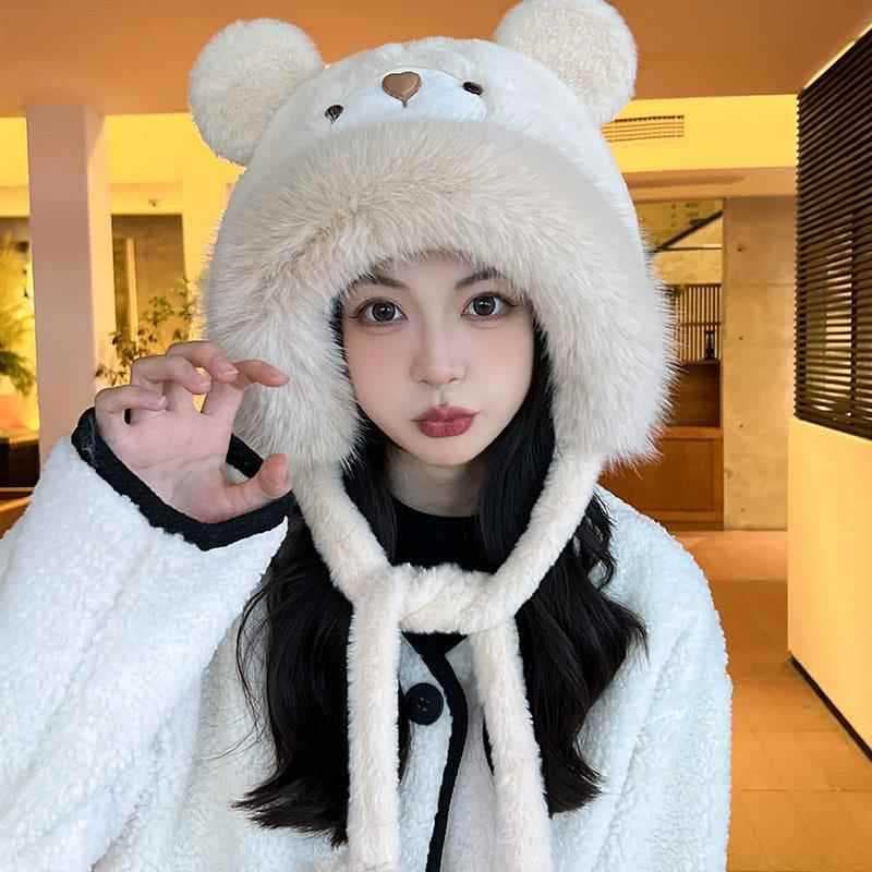 Doce chapéu de inverno feminino lã bonito Lei Feng chapéu peludo quente frio chapéu de malha All-Match engrossado orelha