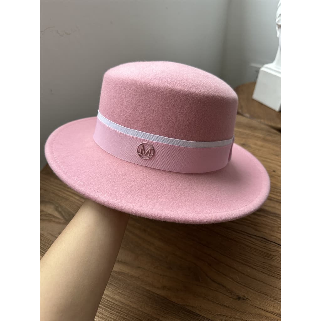 Chapéu superior plano rosa feminino outono inverno panamá chapéu de lã aba pequena chapéu de aba plana francês britânico