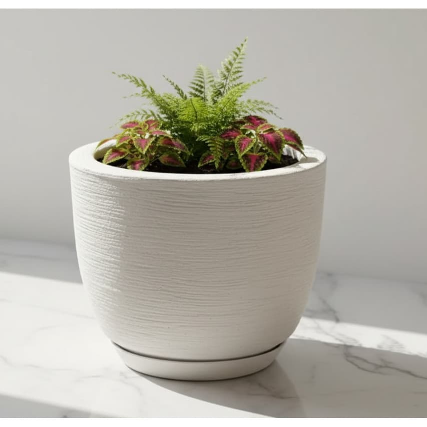 Vaso de Planta Decorativo Bojo Redondo 20x25 Textura Escovada com Prato em Polietileno