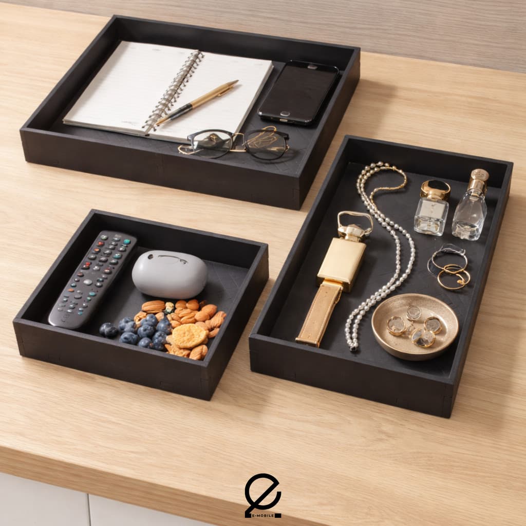 Kit 3 Bandejas Organizadoras Decorativas MDF Preto Multiuso