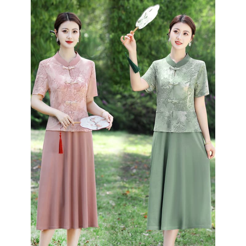 Mãe vestido de verão júnior roupas femininas de meia-idade nobre melhorado Cheongsam idosos de meia-idade elegante saia
