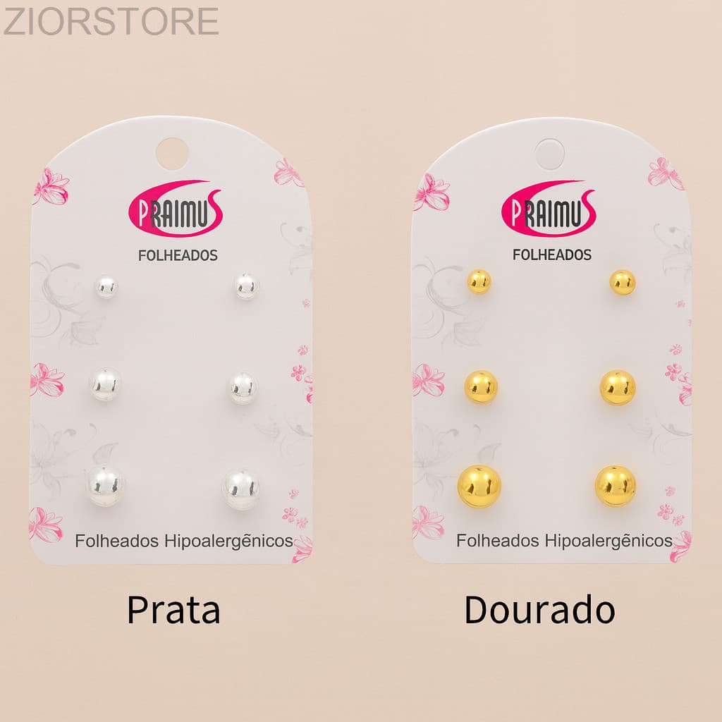 Trio de Brincos Esferas – Folheados Hipoalergênicos (Prata e Dourado)