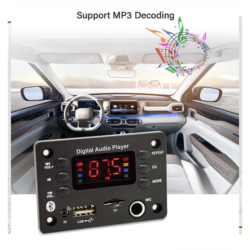 Placa Decodificadora Bluetooth 5.0 MP3/WMA/WAV/APE 5V/12V DC com Microfone para Áudio Automotivo Mãos Livres, USB,